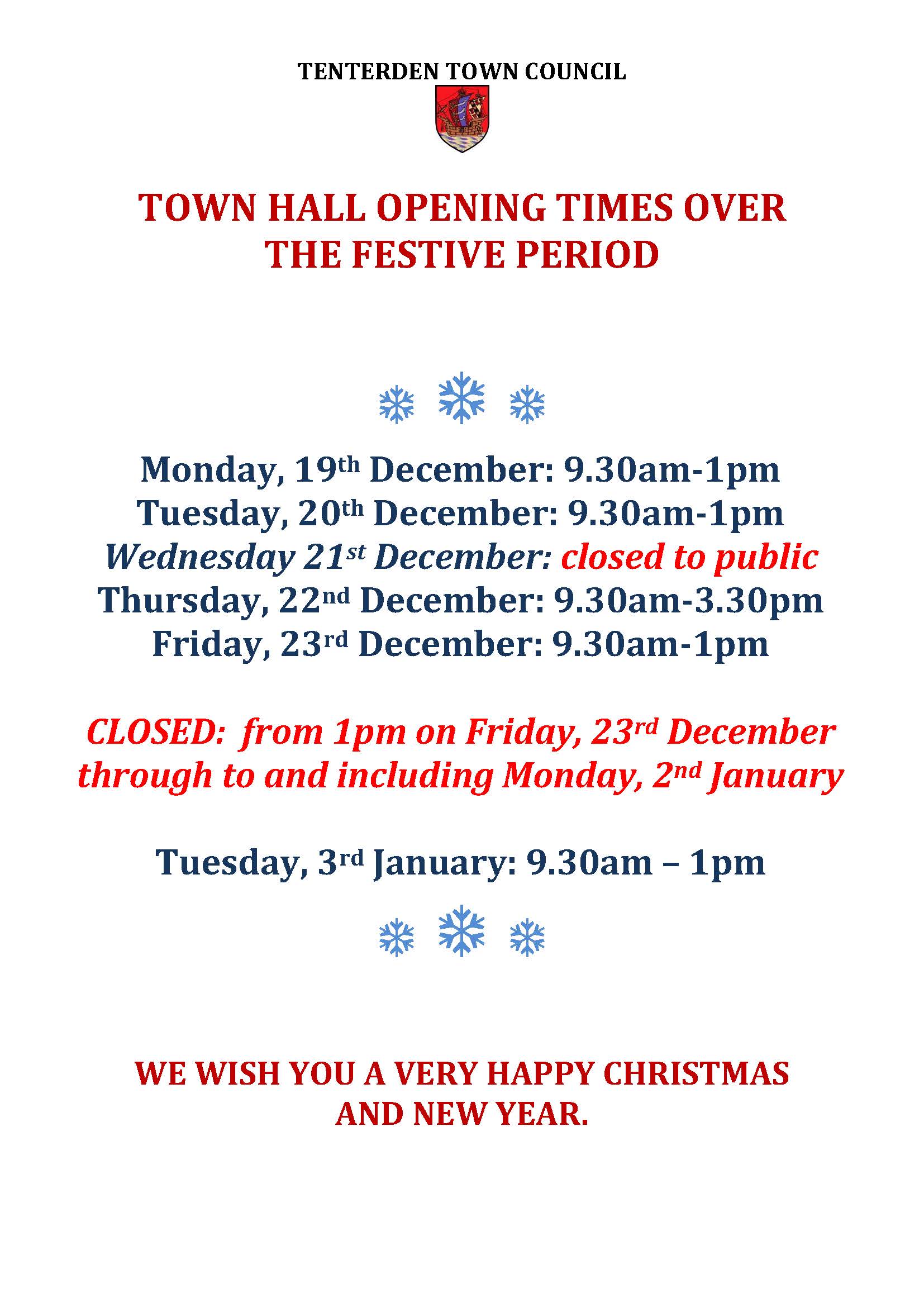 Town Council/Town Hall Opening Times over the Christmas Period